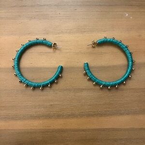 Gold beaded and Green fabric wrapped Hoop Earrings
